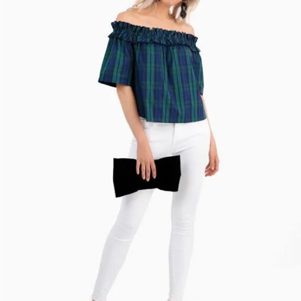 Vineyard Vines Blue and Green Plaid Off-Shoulder Blouse